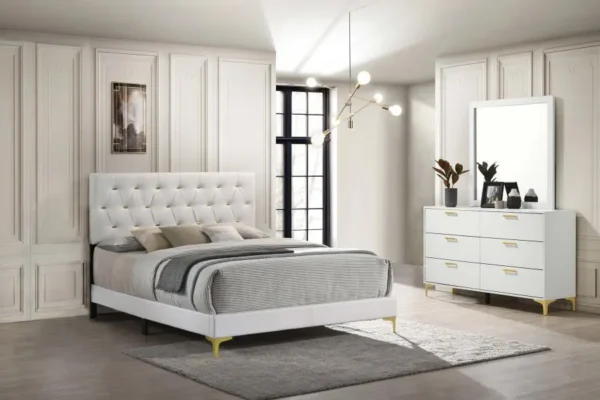 King/Queen White Leatherette gold bars Bed